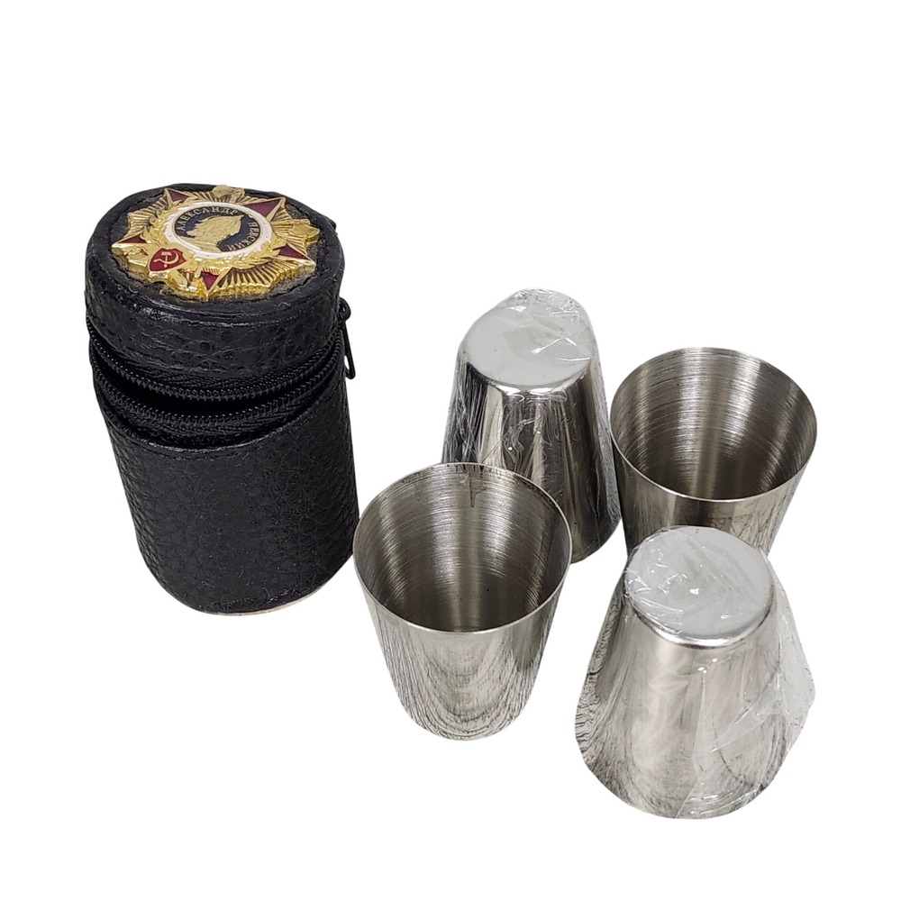 VTG USSR Soviet 4 Pc Nesting Travel Vodka Shot Cup Set Alexander Nevsky Zip Case